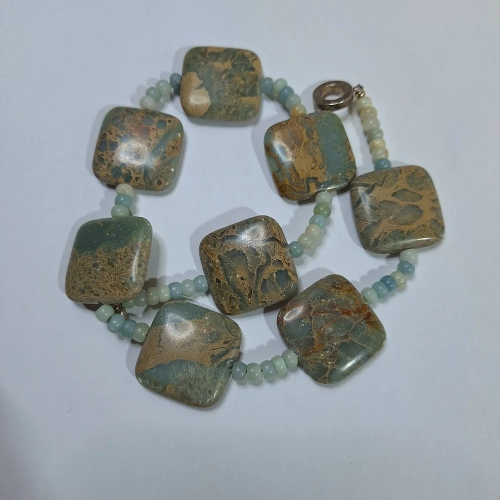 Teal Beaded Square Stone Marble Style Statement Costume Jewelry Necklace - Picture 3 of 11